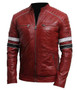 Striped Shoulder Padded Café Racer Mens Red Leather Jacket 1