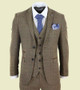 Mens Brown Tweed Check Print 3 Piece Suit 1