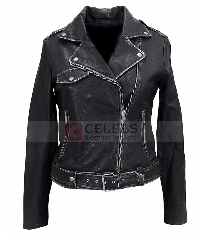 Womens Distressed Designer Black Leather Jacket | CLJ