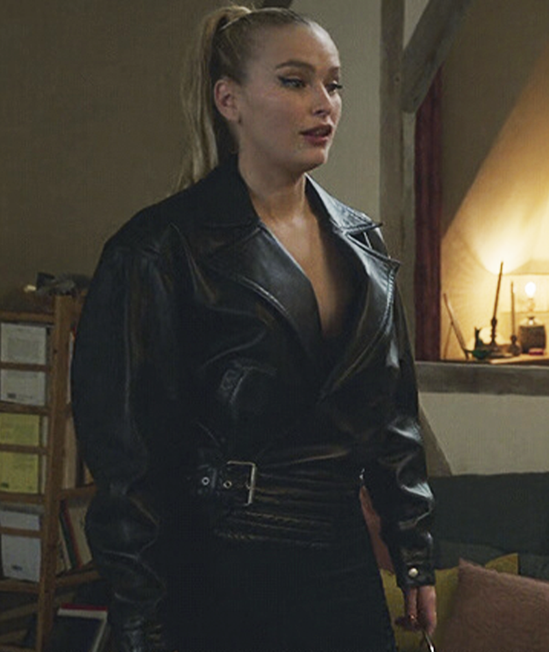 WornOnTV: Camille's black studded leather top and pants on Emily