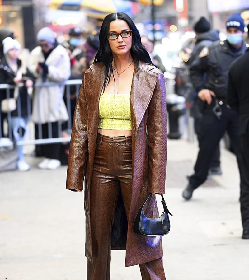 Katy Perry wears a yellow leather biker jacket in New York