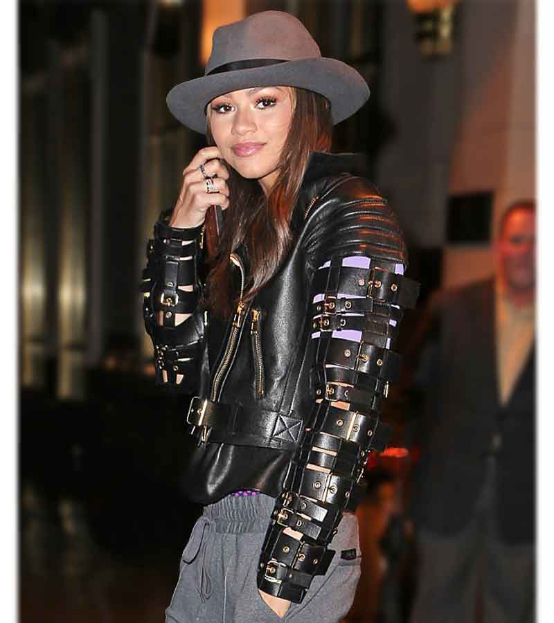 Zendaya Straps and Buckles Leather Jacket