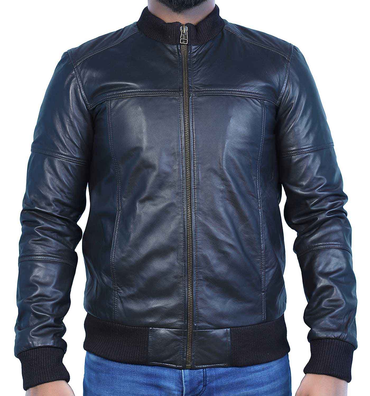 Mens 100% Real Lambskin Leather Black Moto Leather Jacket