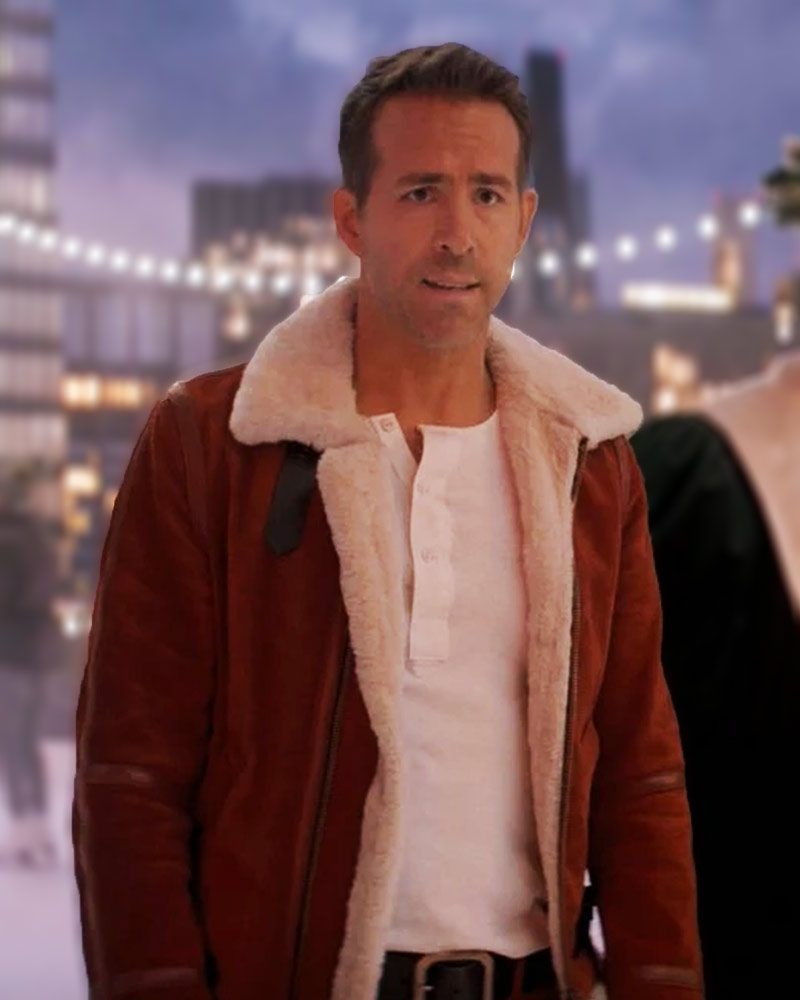 Spirited 2022 Ryan Reynolds Red Shearling Suede Jacket 