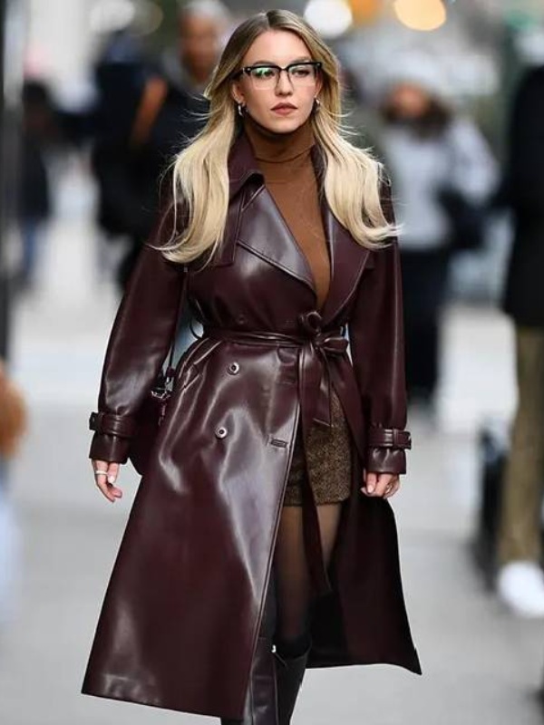 Burgundy Trench Leather Look Trench Long Faux Leather Trench Coat
