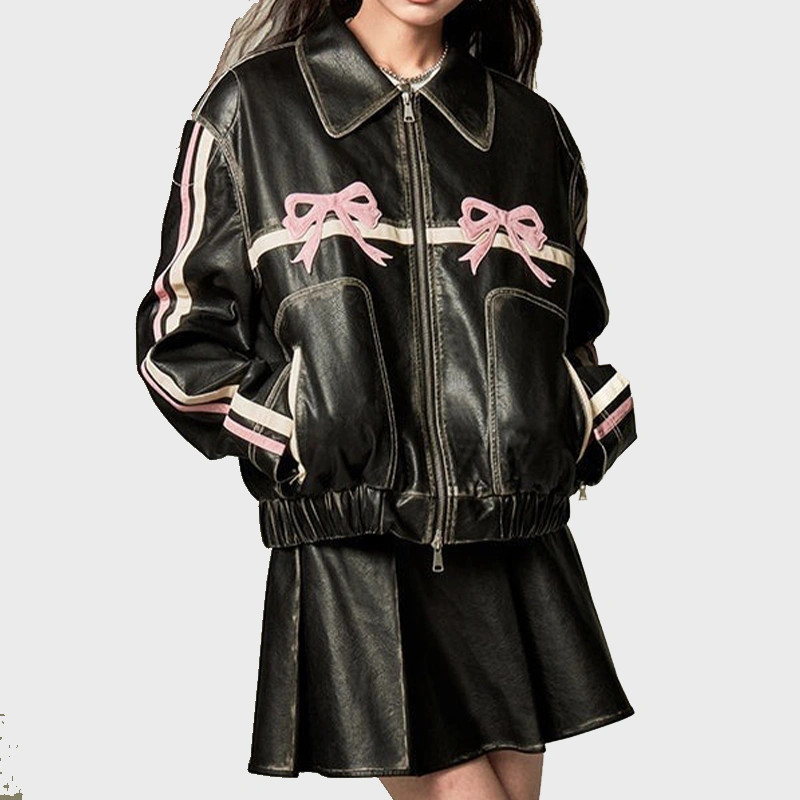 ジャケット DIDDI MODA Bowknot Retro Color-Painted Leather Jacket Retro Color-Painted Leather Jacket With Bowknot Detail