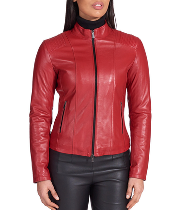 Womens Red Round Collar Biker Leather Jacket