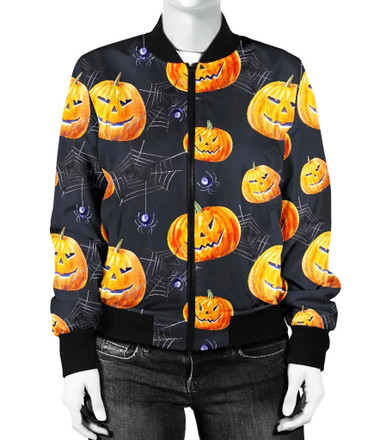 Pumpkin Print Pattern Women Casual Bomber Jacket