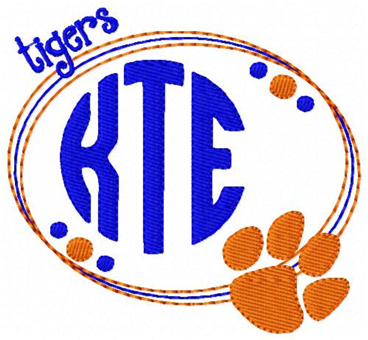 Tigers Paw Print Oval 3 Letter Monogram Embroidery Design Set