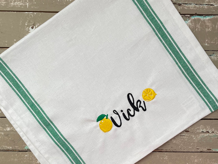 One Kitchen Towel with Lemon Design and Embroidered Name