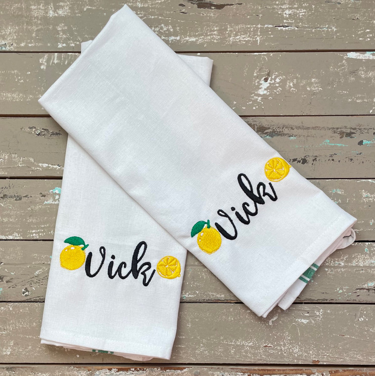 2 Kitchen Towels with Lemon Design and Embroidered Name