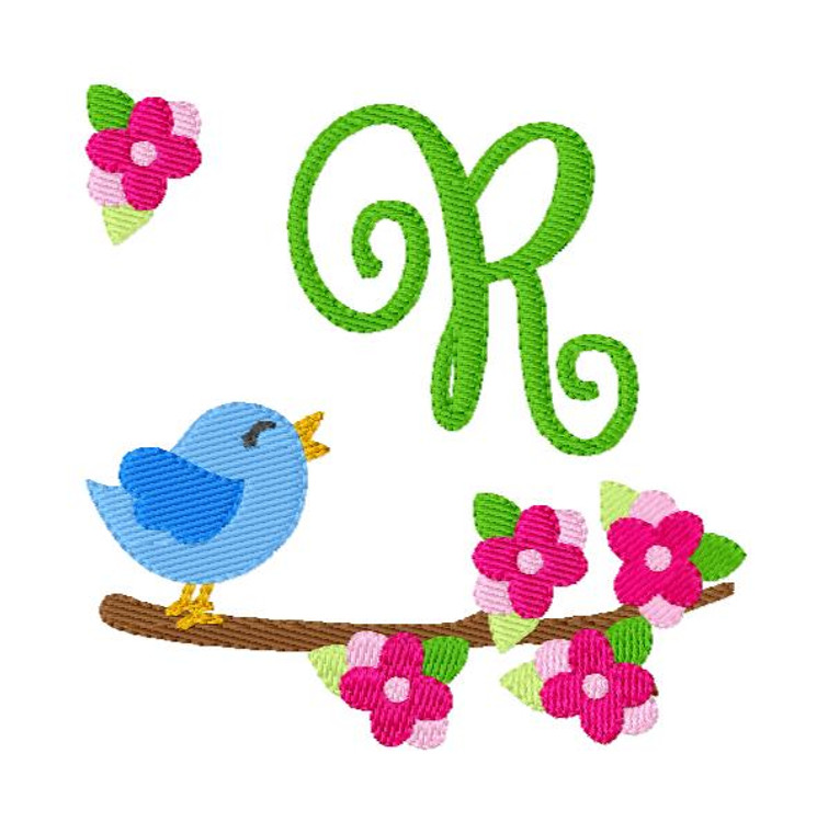 Spring Blossoms Blue Birdie Monogram Embroidery Design Set