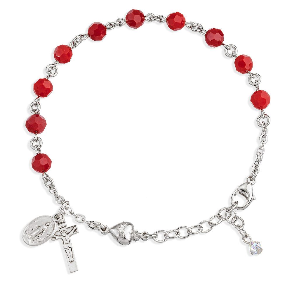 Sterling Silver Rosary Bracelet Created with 6mm Coral Finest Austrian Crystal Round Beads by HMH