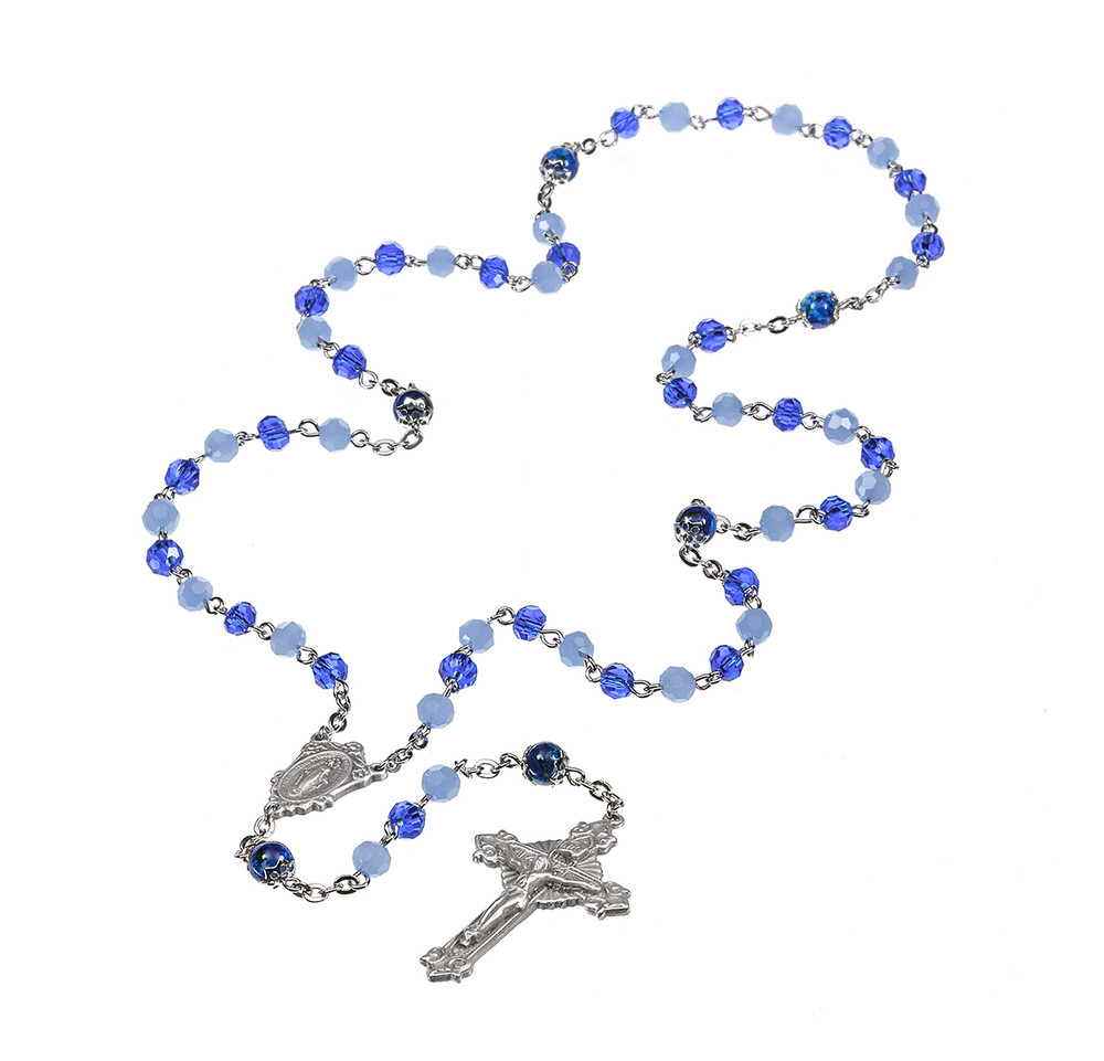 8mm Blue Opal Caribbean Faceted 5mm Glass Bead with New England Pewter Crucifix and Center