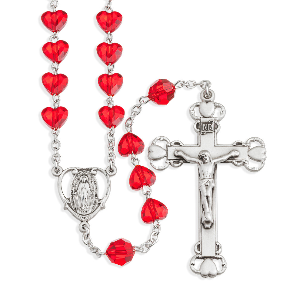 Sterling Silver Rosary Hand Made with finest Austrian Crystal 8mm Red Heart Shape Beads by HMH