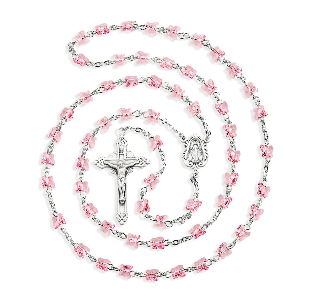 Rosary Sterling Crucifix and Centerpiece Created with finest Austrian Crystal 6mm Butterfly Beads in Light Rose by HMH