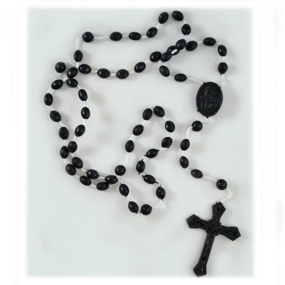 Black plastic rosary with oval beads, white cord and black crucifix, from the pack of 100