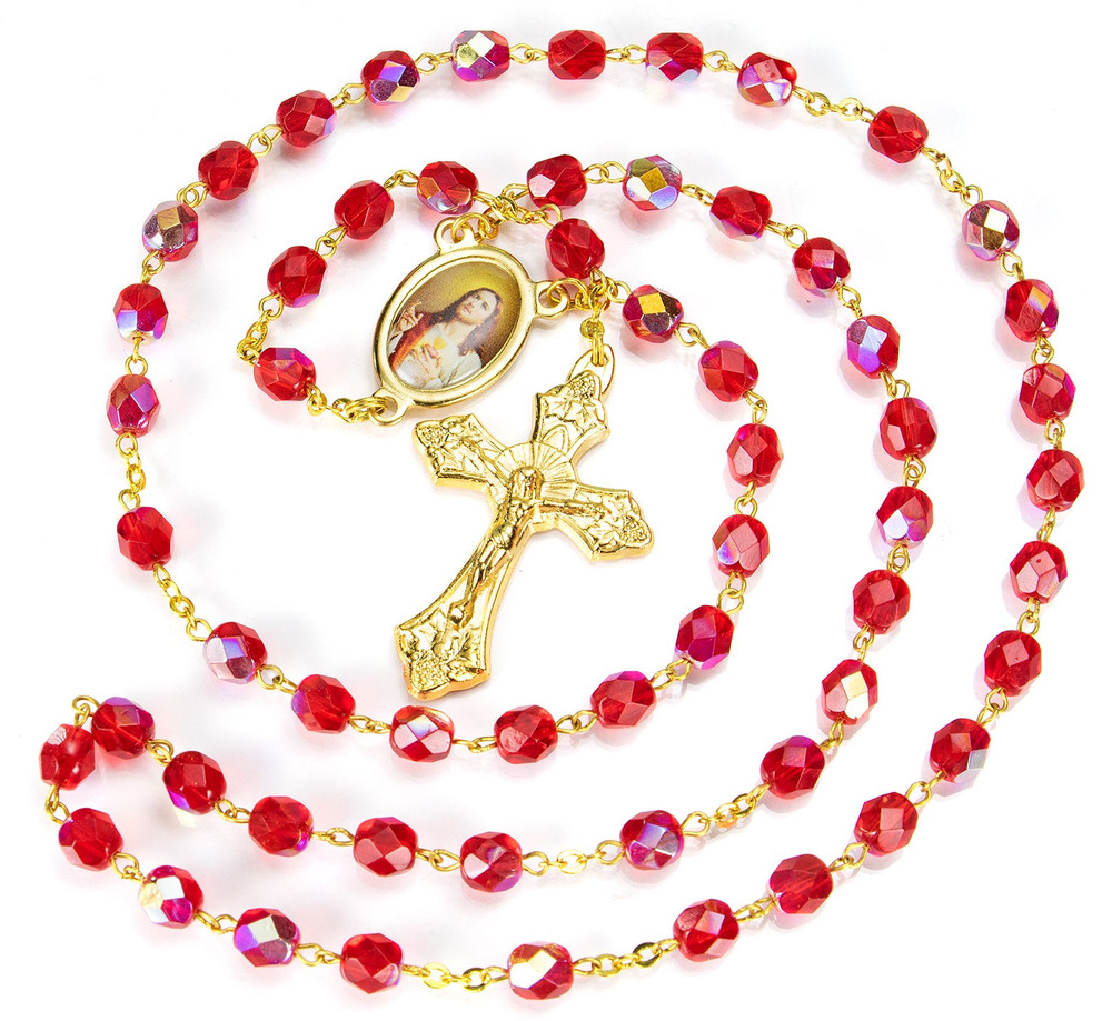 Sacred Heart of Jesus Red and Gold Rosary with Lapel Pin