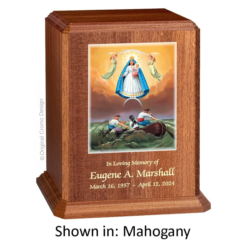 Our Lady of Charity Mahogany Wood Urn 