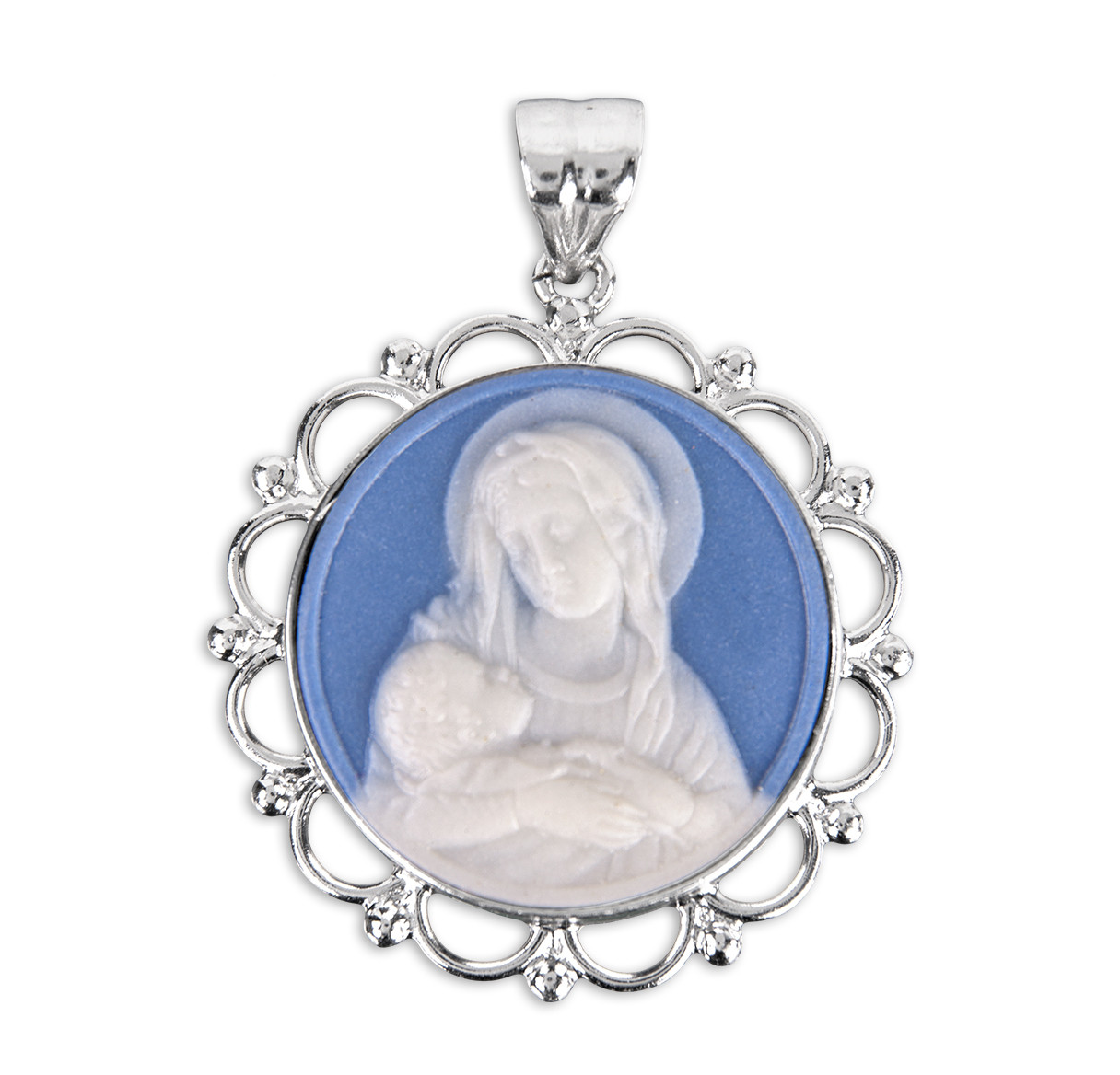 Light Blue Sterling Silver Madonna and Child Cameo Miraculous Medal ...