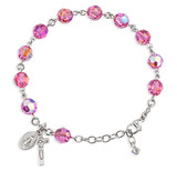 Sterling Silver Rosary Bracelet Created with 8mm Pink Finest Austrian Crystal Round Beads by HMH