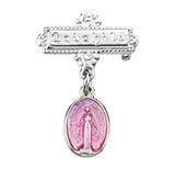 Pink Enameled Oval Sterling Silver Baby Miraculous Baby Medal on a Godchild Bar Pin