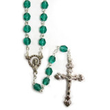 May birthstone rosary with emerald-green faceted beads and silver-tone crucifix