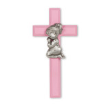 Pink Wood Cross with Praying Girl, 7"