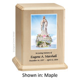 Our Lady of The Rosary Maple Wood Urn 