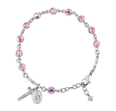 Sterling Silver Rosary Bracelet Created with 6mm Light Rose Finest Austrian Crystal Round Beads by HMH