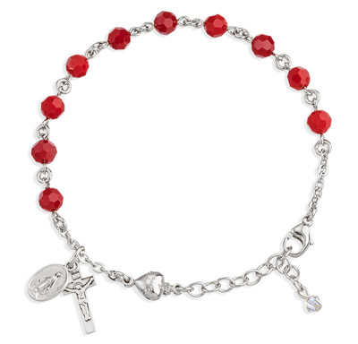 Sterling Silver Rosary Bracelet Created with 6mm Coral Finest Austrian Crystal Round Beads by HMH