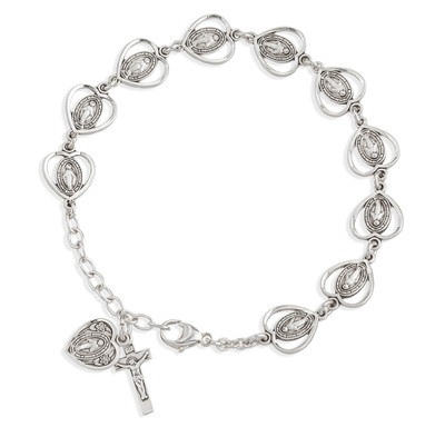 Pierced Miraculous Medal Heart Sterling Silver Rosary Bracelet