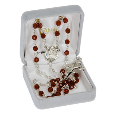 Sterling Silver Sacred Heart of Jesus Chaplet made with 6mm Finest Crystal Ruby & Crystal Beads