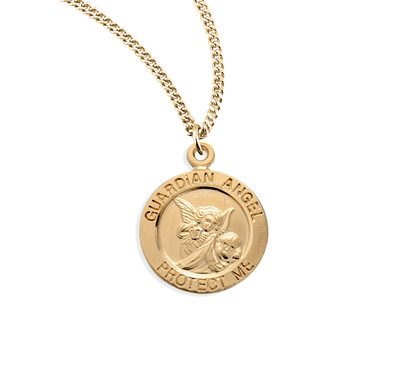 Guardian Angel Small Round Gold Over Sterling Silver Pendant