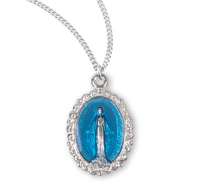 Sterling Silver Oval Blue Enameled Miraculous Medal