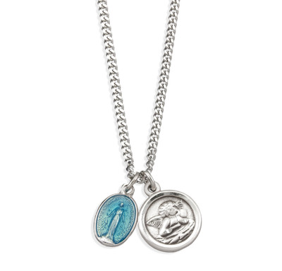 Sterling Silver Blue enamel Miraculous Medal and Sterling Cherub Medal