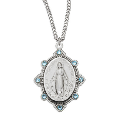 Sterling Silver Oval Miraculous Medal Set with Light Sapphire Crystals