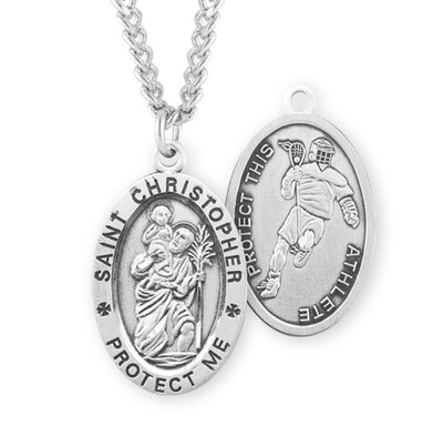 Saint Christopher Oval Sterling Silver Lacrosse Male Athlete Medal