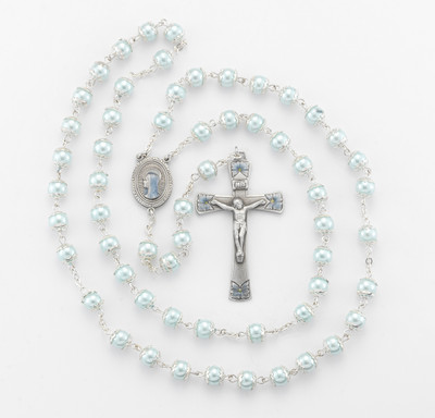 8mm Round Blue Glass Capped Bead with New England Pewter Blue Enameled Center & Crucifix