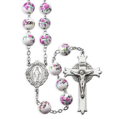 White and Pink Glass Flower Bead New England Pewter Rosary