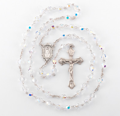 Sterling Silver Rosary Hand Made with finest Austrian Crystal 6mm Aurora Borealis Faceted Round Beads by HMH