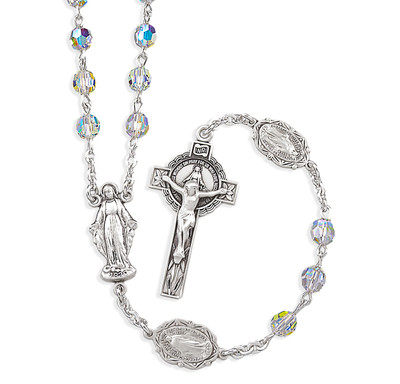 Sterling Silver Rosary Hand Made with finest Austrian Crystal 6mm Aurora Borealis Faceted Round Beads by HMH