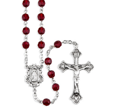 Sterling Silver Rosary Hand Made with finest Austrian Crystal 6mm Ruby Faceted Round Beads by HMH