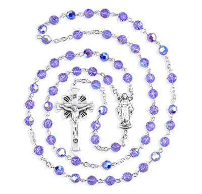 Sterling Silver Rosary Hand Made with finest Austrian Crystal 6mm Violet Faceted Round Beads by HMH