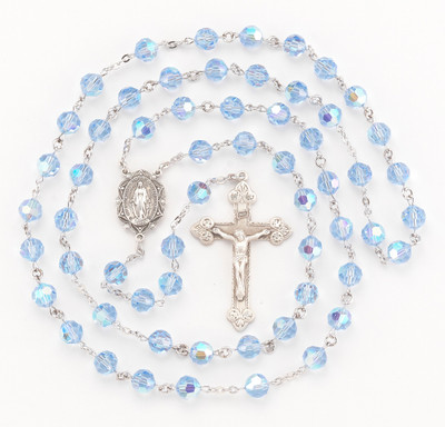 Sterling Silver Rosary Hand Made with finest Austrian Crystal 8mm Light Sapphire Beads by HMH