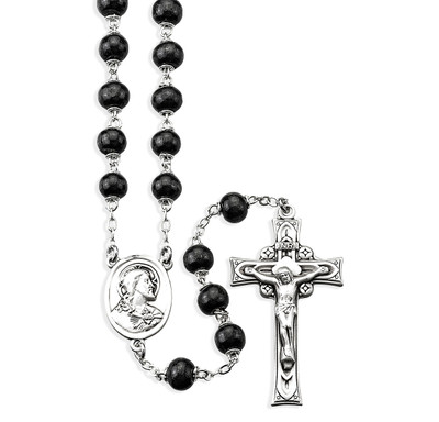 Black Round Boxwood Rosary Sterling Crucifix and Centerpiece