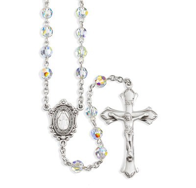 Rosary Sterling Crucifix and Centerpiece Created with finest Austrian Crystal 6mm Faceted Round Aurora Borealis Beads by HMH