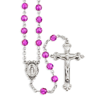 Rosary Sterling Crucifix and Centerpiece Created with finest Austrian Crystal 6mm Faceted Round Fuchsia Beads by HMH