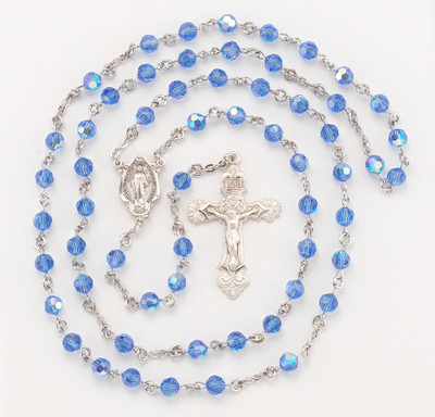 Rosary Sterling Crucifix and Centerpiece Created with finest Austrian Crystal 6mm Faceted Round Sapphire Beads by HMH