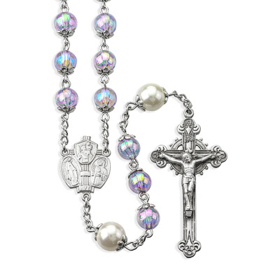 8mm Light Amethyst Glass Shimmer Beads with 10mm O.F. Beads. Pewter Crucifix and Center